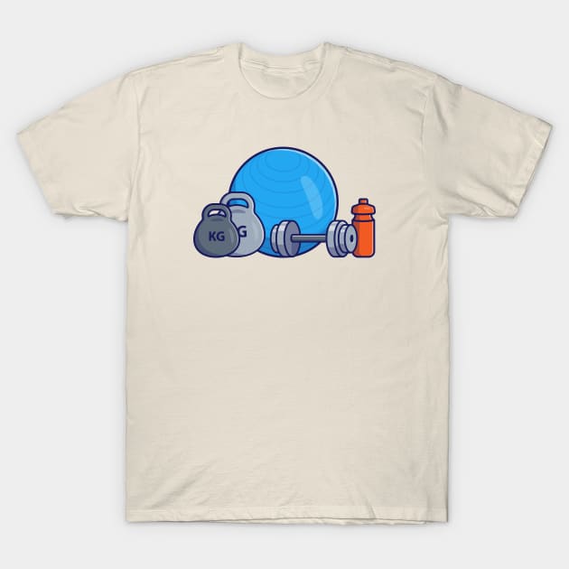 Barbell, Dumbbell, Bottle And Fitness Ball Cartoon T-Shirt by Catalyst Labs